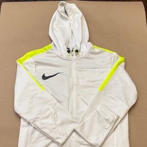 Nike White and Neon Yellow Zip-Up Hooded Jacket